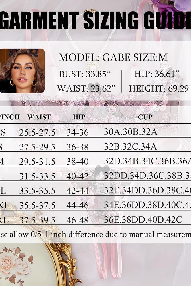Garment sizing guide card for embroidered bra and panty set