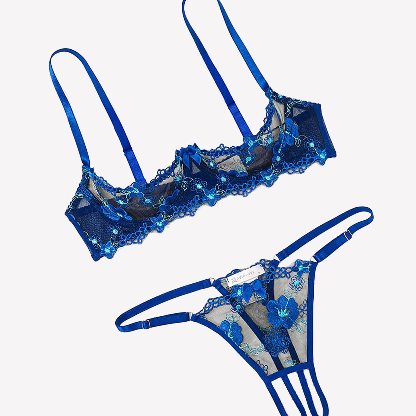 Embroidered underwire bra and thong set in blue lace with floral embroidery