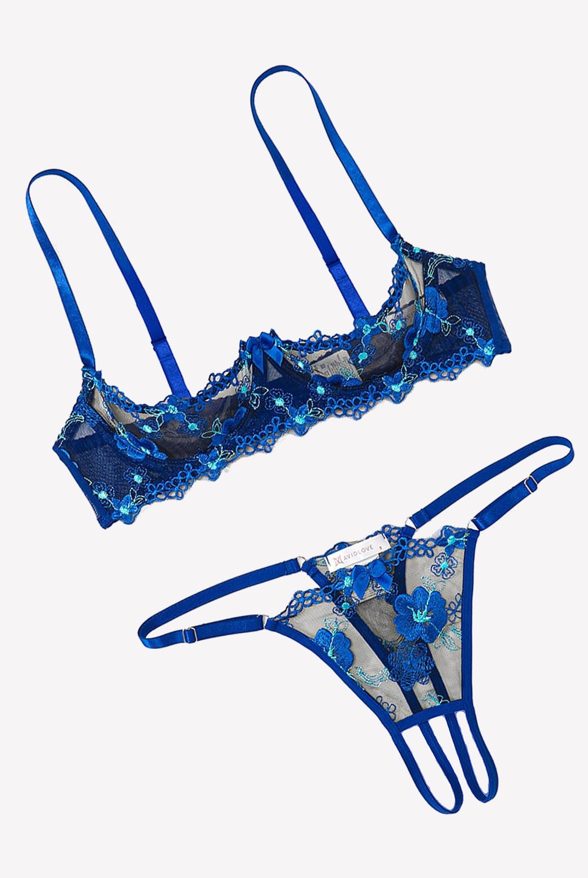 Embroidered underwire bra and thong set in blue lace with floral embroidery