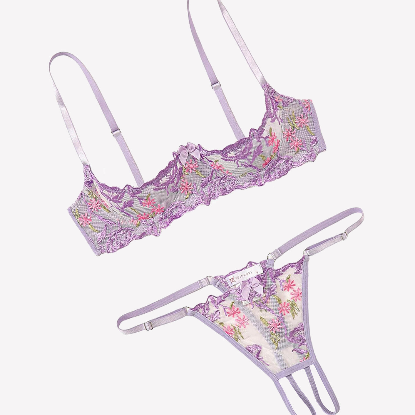 Embroidered underwire bra and thong set in lilac lace with floral embroidery