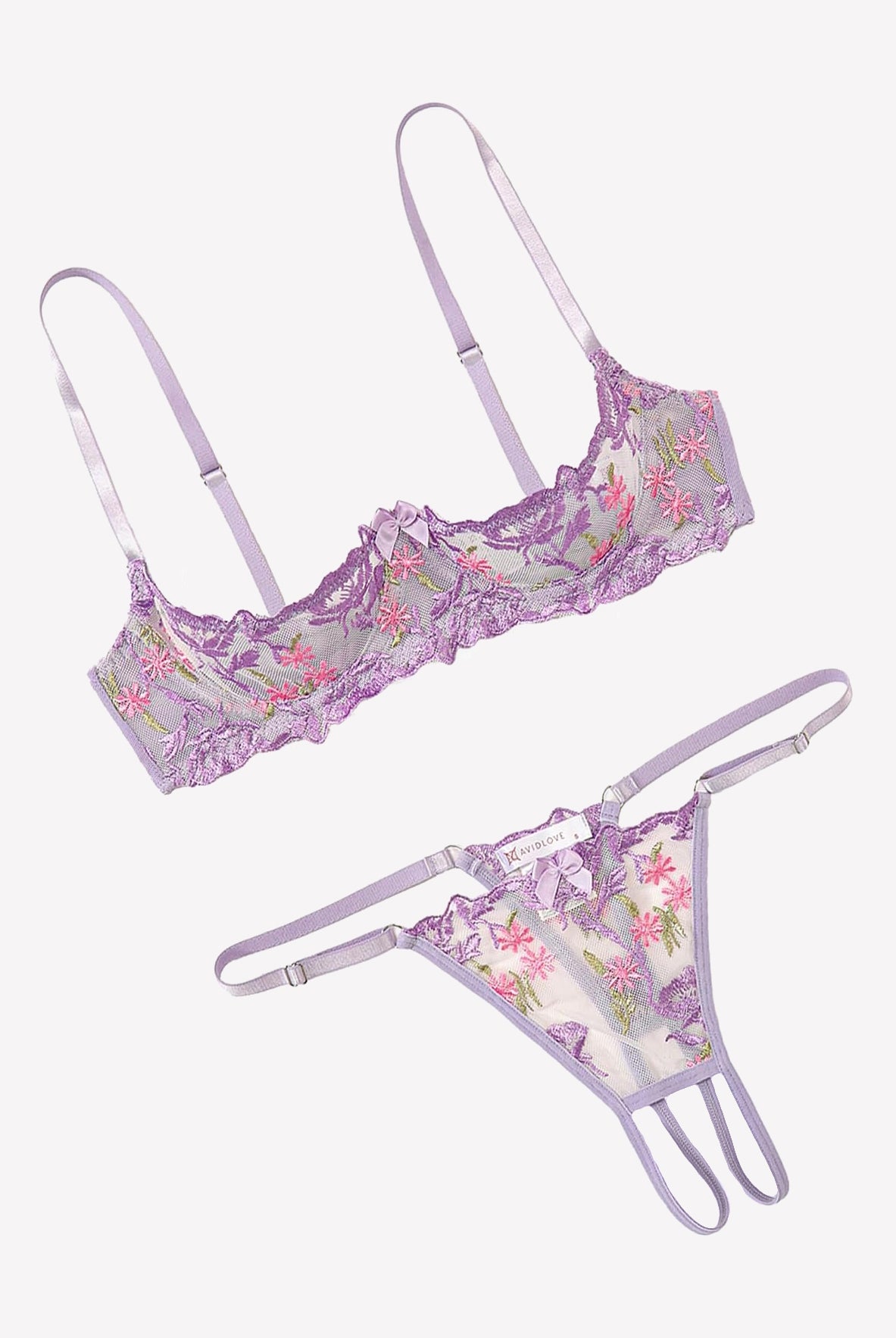 Embroidered underwire bra and thong set in lilac lace with floral embroidery
