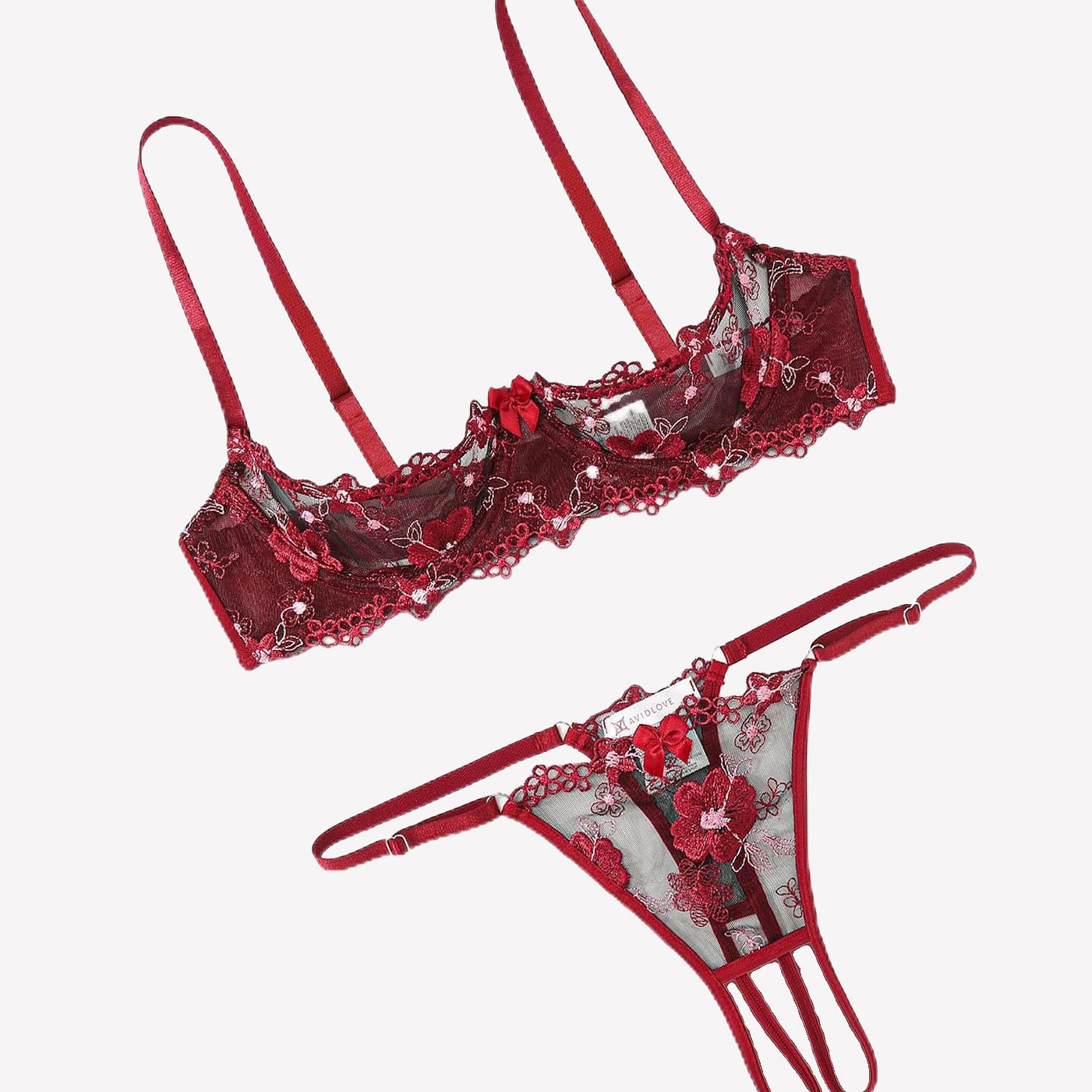 Embroidered underwire bra and thong set in dark red lace with floral embroidery