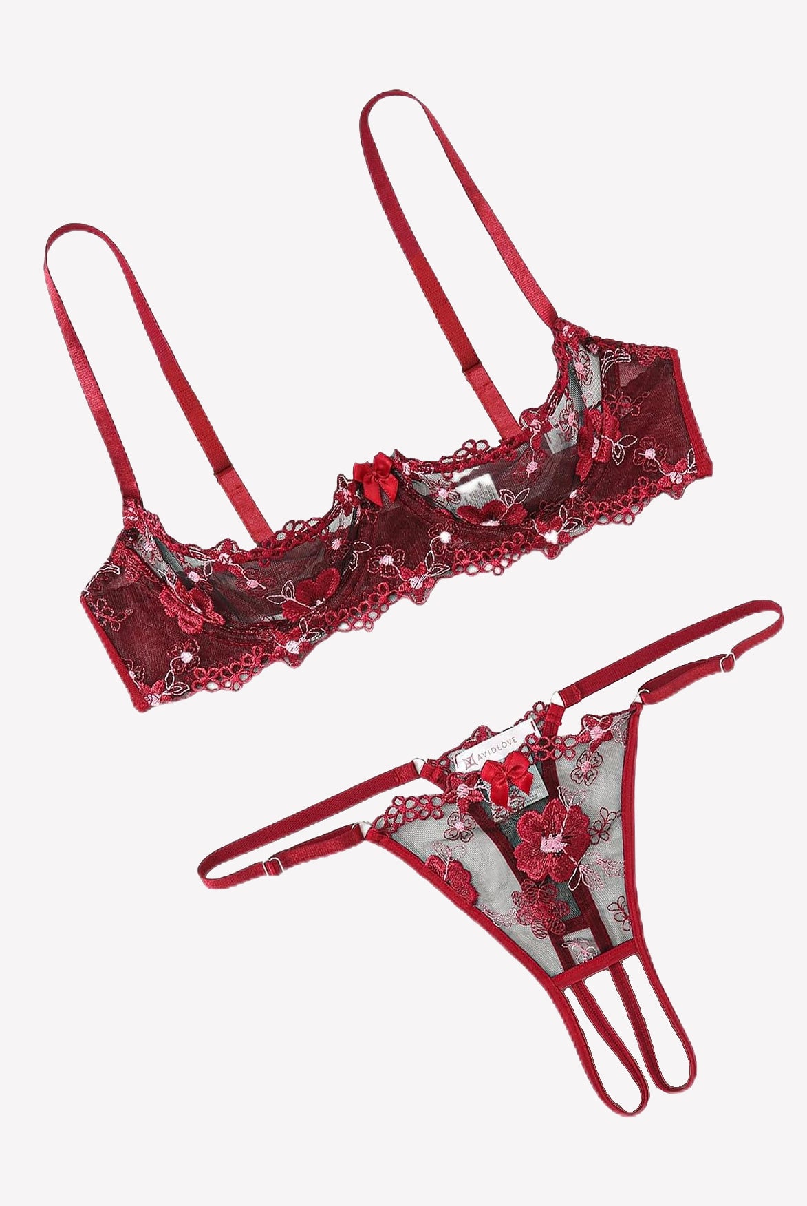 Embroidered underwire bra and thong set in dark red lace with floral embroidery