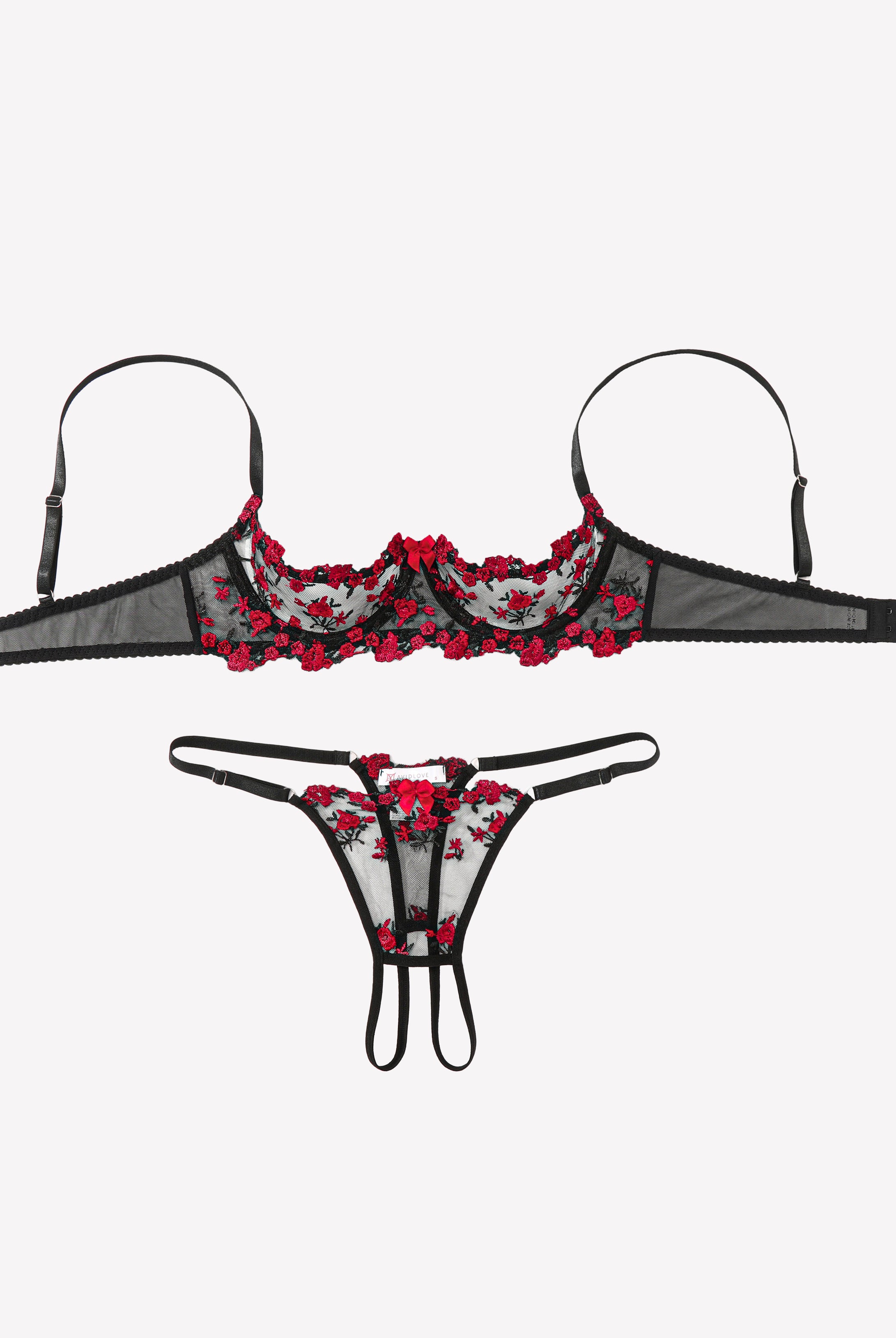 Embroidered bra and panty set with open cups, black lingerie with red lace and ruffle trim