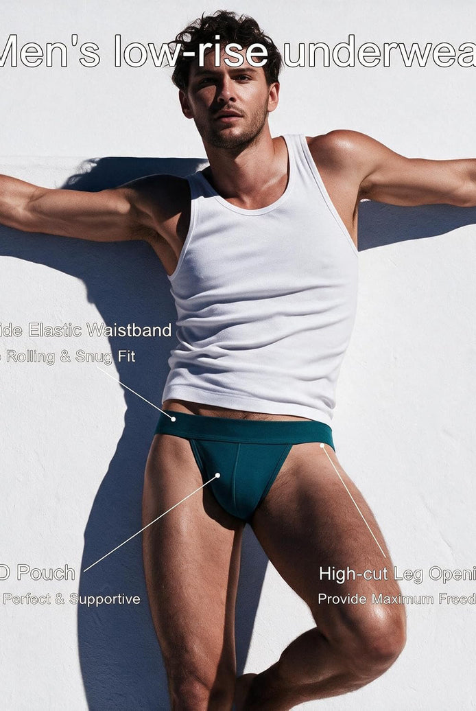 Teal men's low-rise jockstrap with wide waistband and open back, contoured pouch