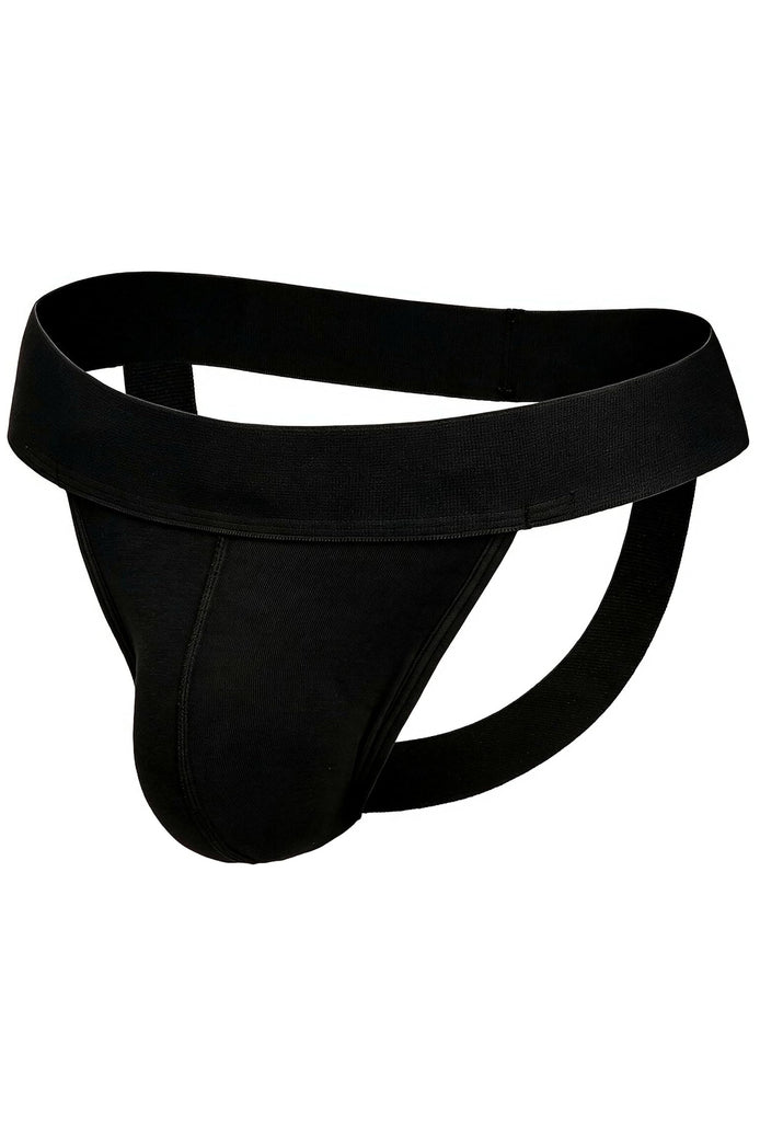 Black men's jockstrap with wide waistband and open back, contoured pouch