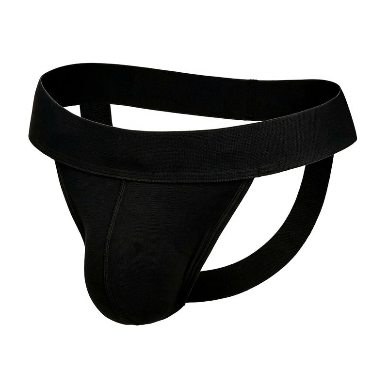 Black men's jockstrap with wide waistband and open back, contoured pouch