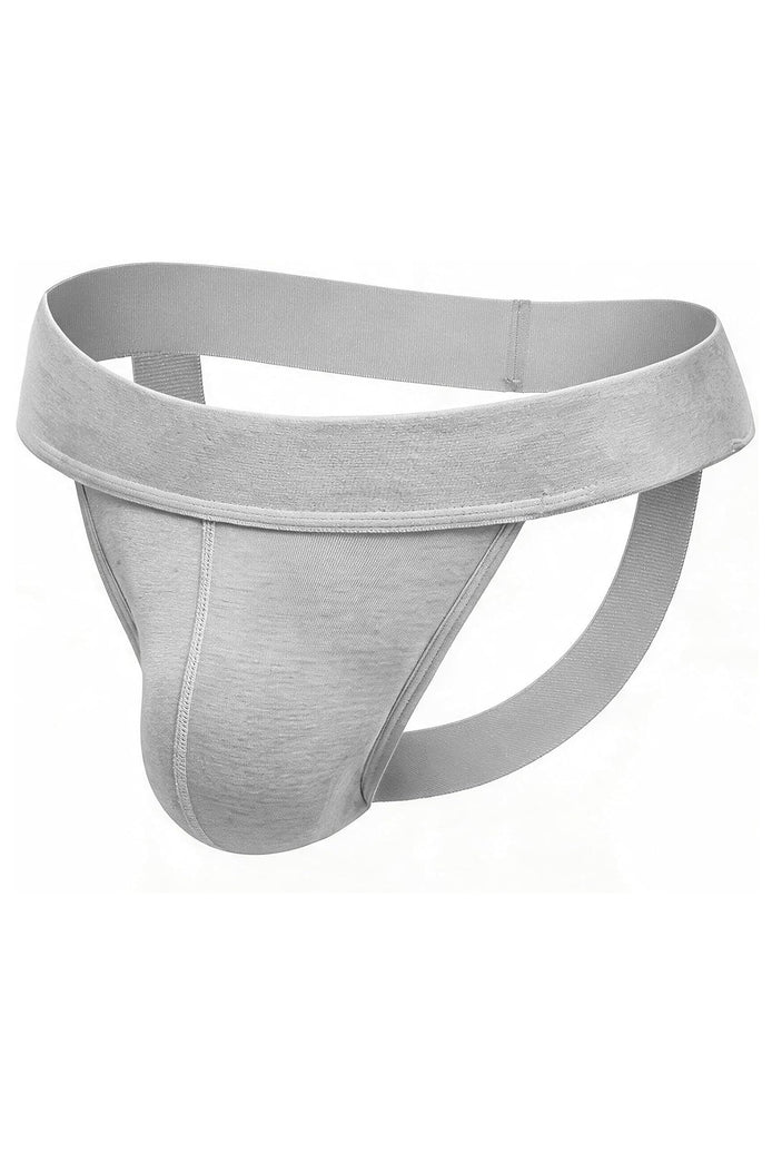 Light gray men's jockstrap with wide waistband and open back, contoured pouch