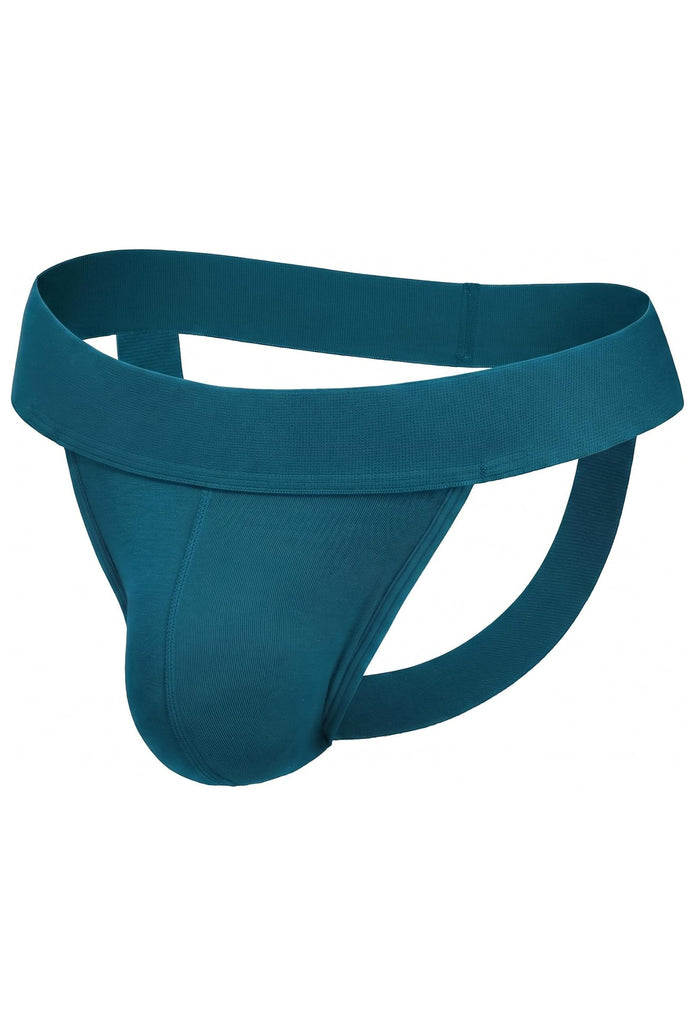 Teal men's jockstrap with wide waistband and open back, contoured pouch