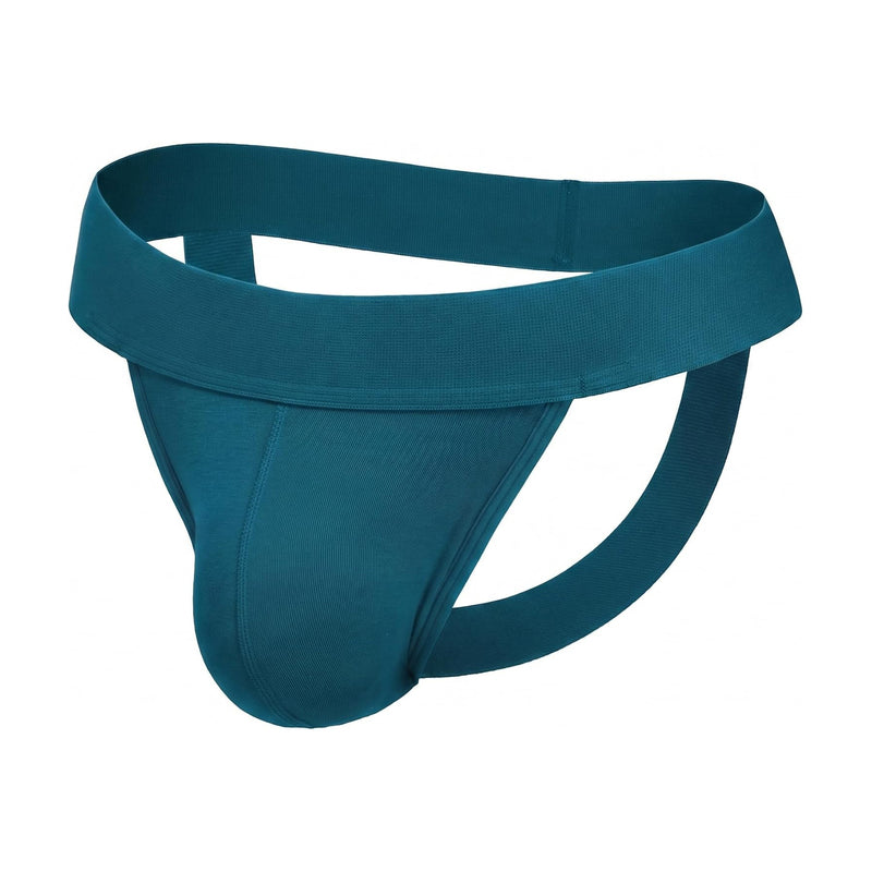 Teal men's jockstrap with wide waistband and open back, contoured pouch