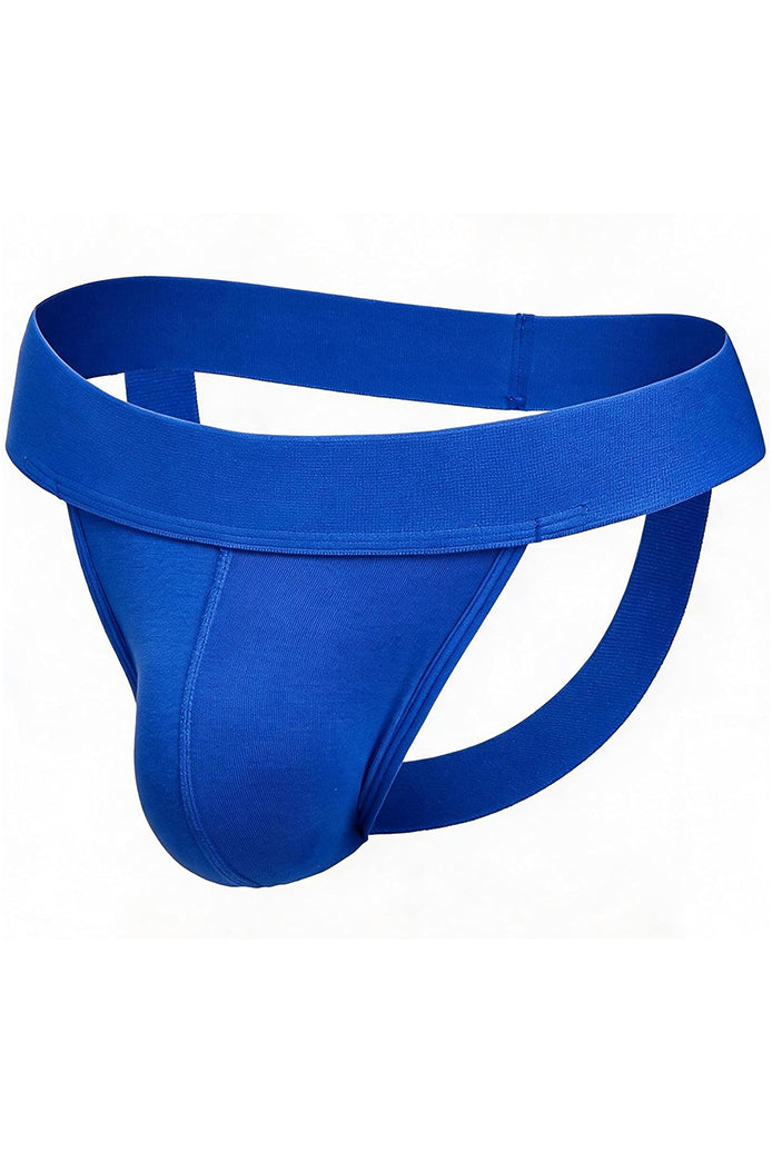 Men's blue athletic jockstrap with wide waistband, 3D pouch, and open back