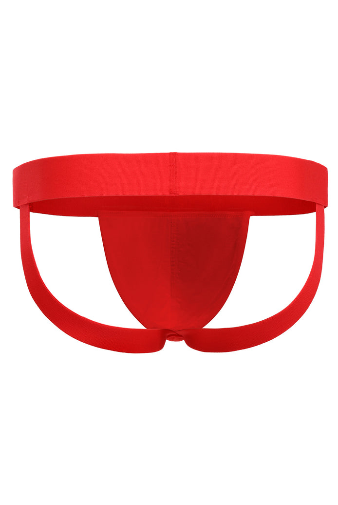 Red men's jockstrap with wide waistband and open back, contoured front pouch