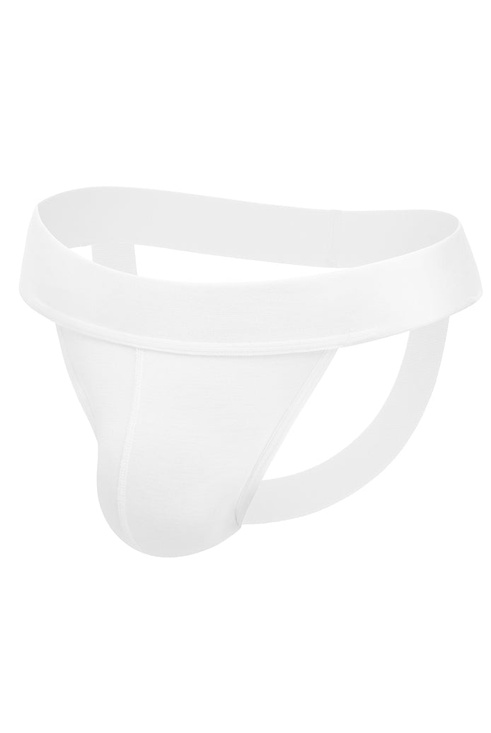 White men's jockstrap with wide waistband and open back, contoured pouch