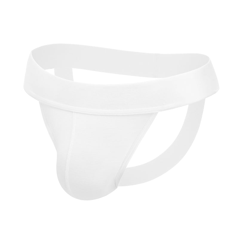 White men's jockstrap with wide waistband and open back, contoured pouch