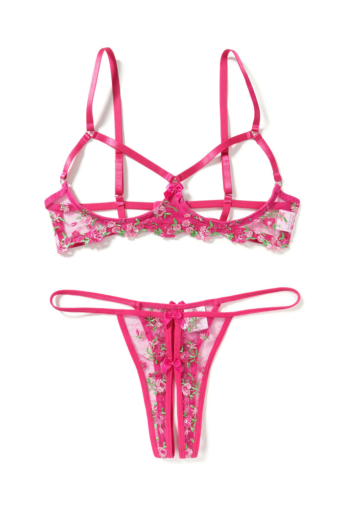 Floral embroidered wireless strappy bra and thong set, bright pink sheer mesh