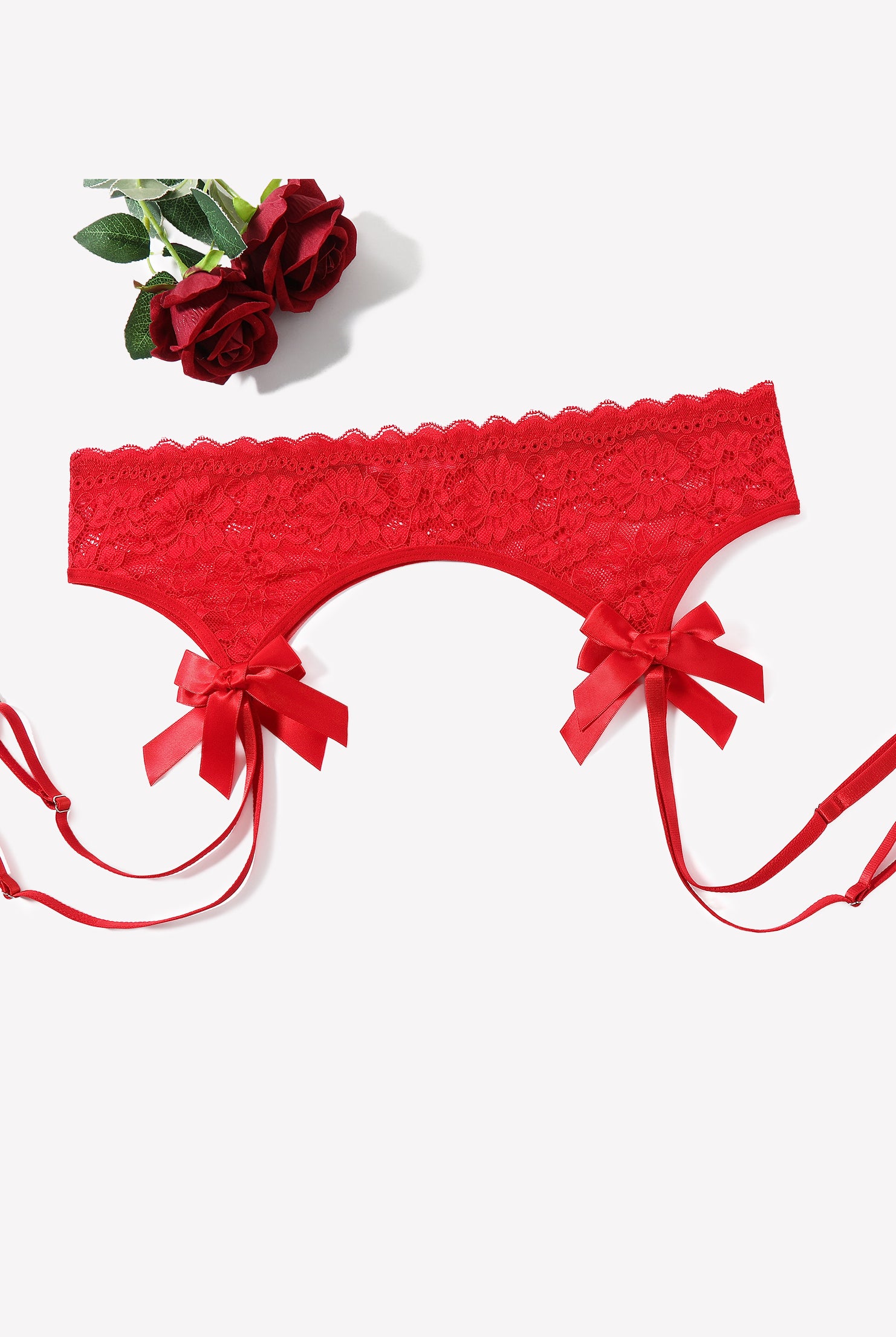Carmine red lace suspender garter belt, four strap set with bow accents
