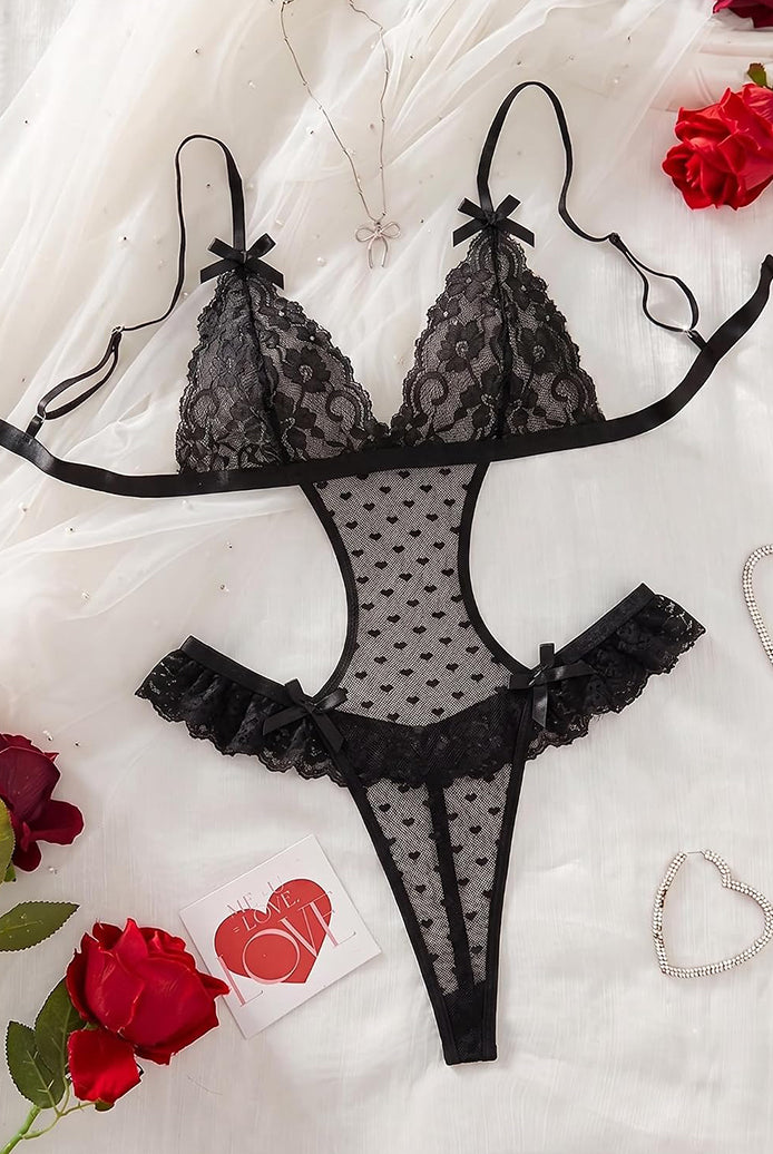 Black lace deep-V teddy bodysuit with cutouts and side thong back