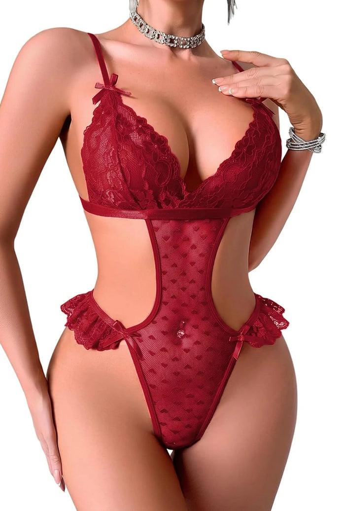 Red heart lace deep V cutout thong bodysuit with sheer heart-pattern sides