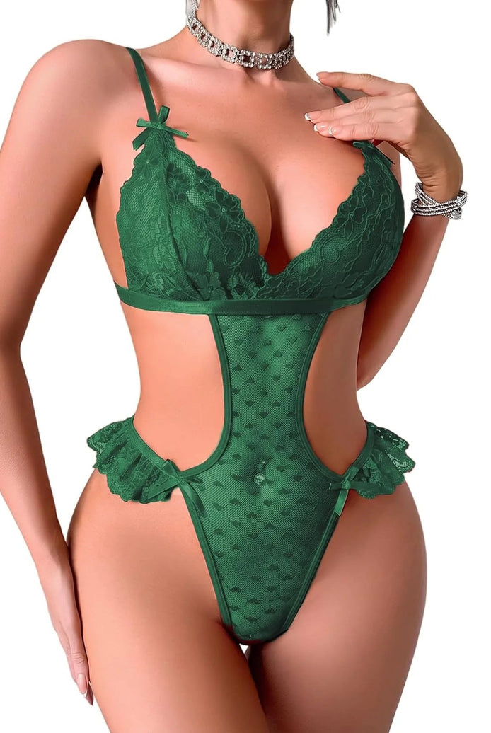 Green heart lace deep V cutout thong bodysuit with ruffle trim and tie straps