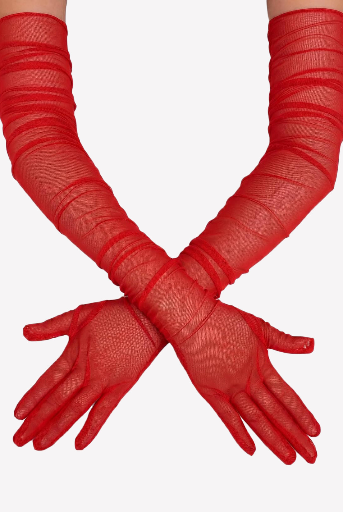 Red sheer tulle mesh elbow-length opera gloves with draped, layered bands.