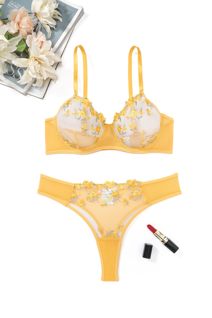 Yellow embroidered lingerie set with underwire mesh bra and thong, floral embroidery