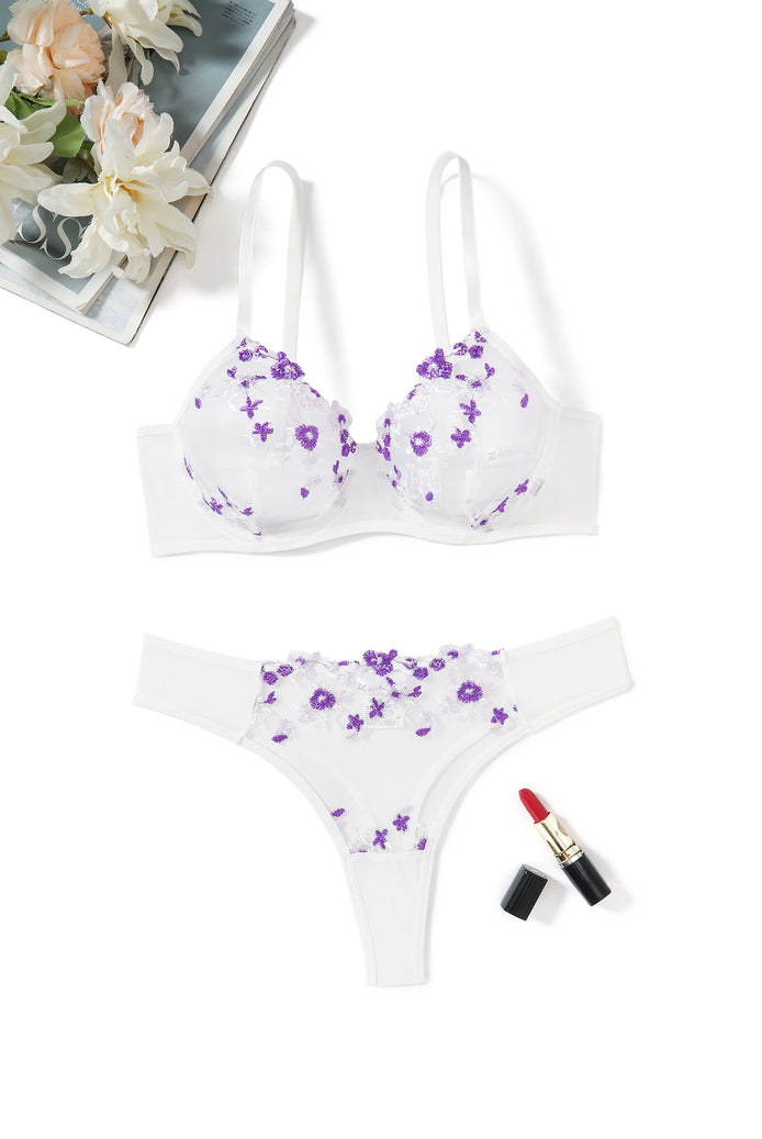 Embroidered mesh bra and thong set, white with purple floral details