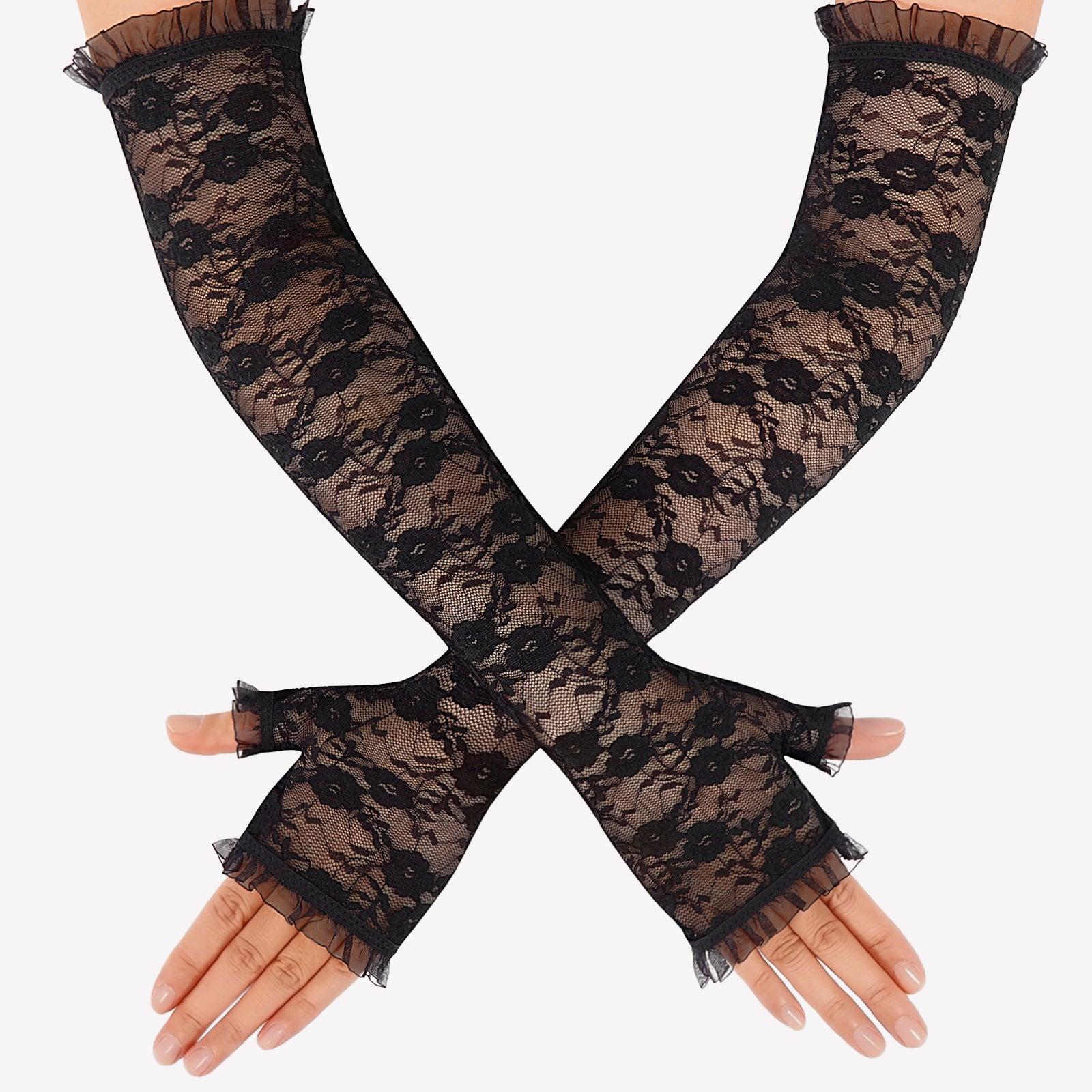 Long black lace fingerless gloves with frilled cuffs, hands crossed at wrists