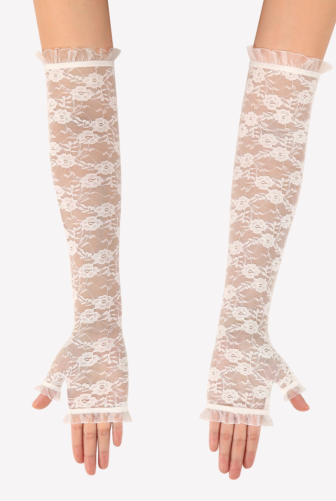 Long white lace fingerless opera gloves with frilled cuffs, forearm length
