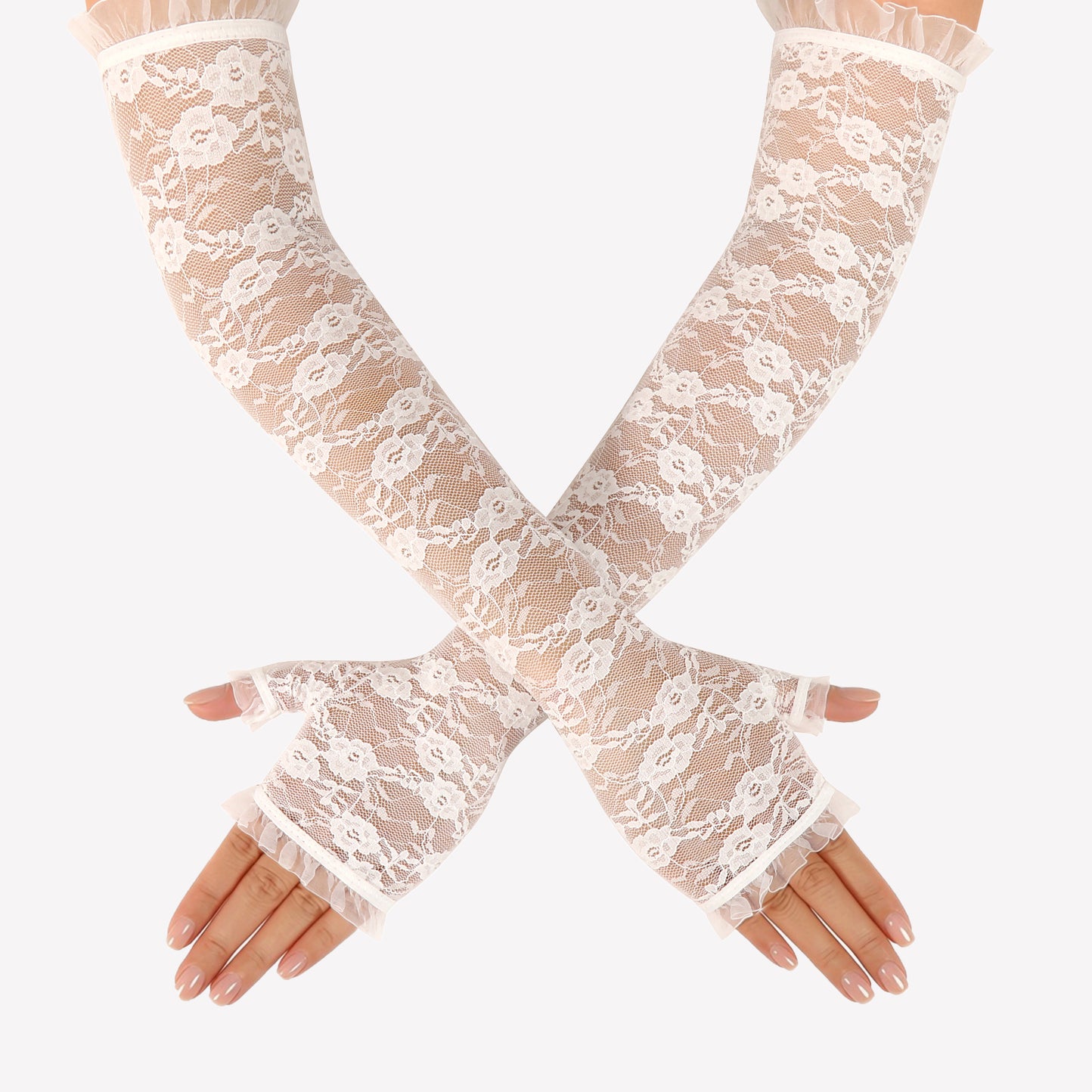 Long white lace fingerless gloves with frilled cuffs, hands crossed at wrists