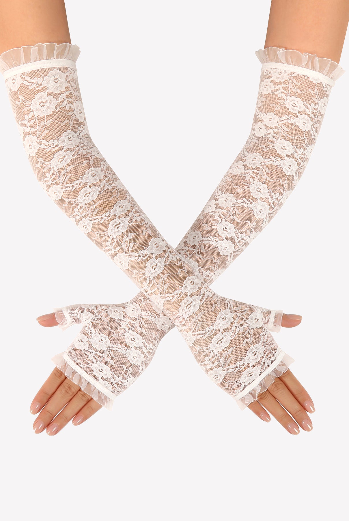 Long white lace fingerless gloves with frilled cuffs, hands crossed at wrists