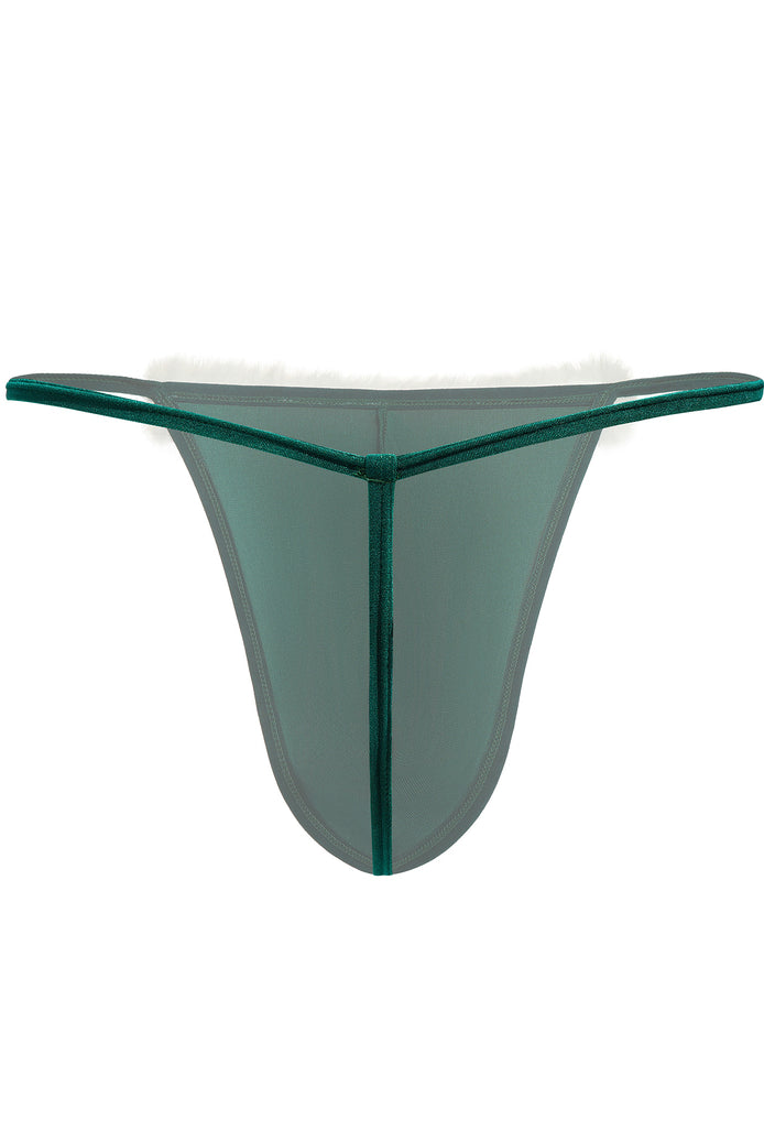 Men's velvet low-rise thong in green with white faux fur trim, back view