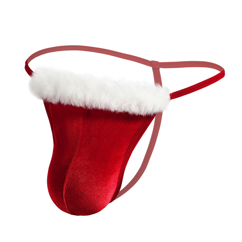 Men's velvet low-rise thong in red with white faux fur trim and thin side straps