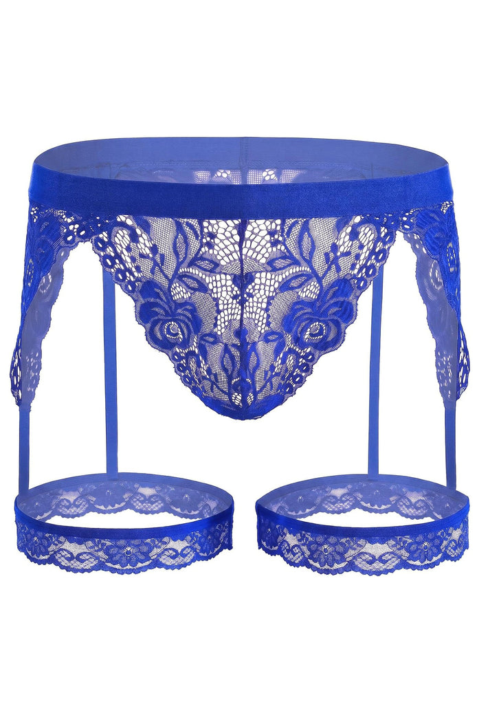 Men's blue floral lace thong with garter-style leg rings and elastic band