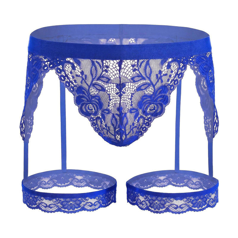 Men's blue floral lace thong with garter-style leg rings and elastic band