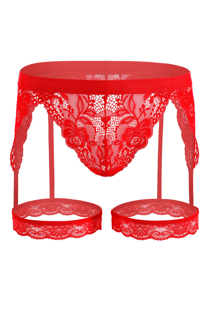 Men's red floral lace thong with garter-style leg rings and elastic top band