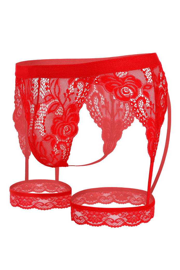 Men's red floral lace thong with side garter straps and ring leg cuffs