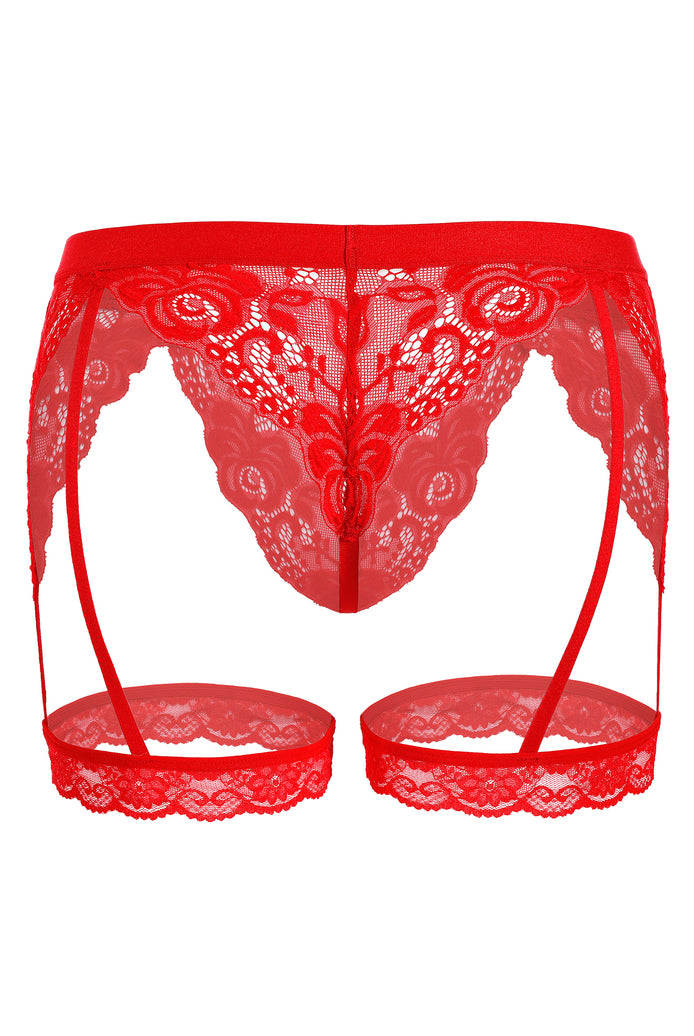 Men's red floral lace thong with garter straps and ring leg cuffs