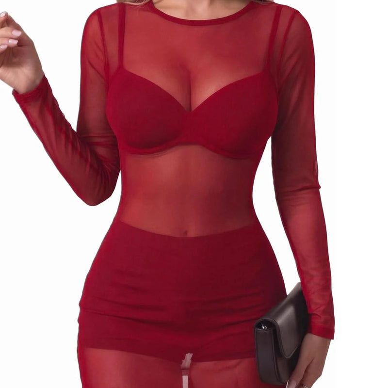 Burgundy sheer mesh mini dress with long sleeves and bra-style overlay