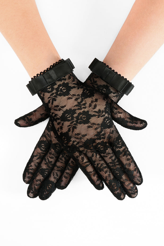 Black floral lace full-finger gloves with short ribbon bow cuffs