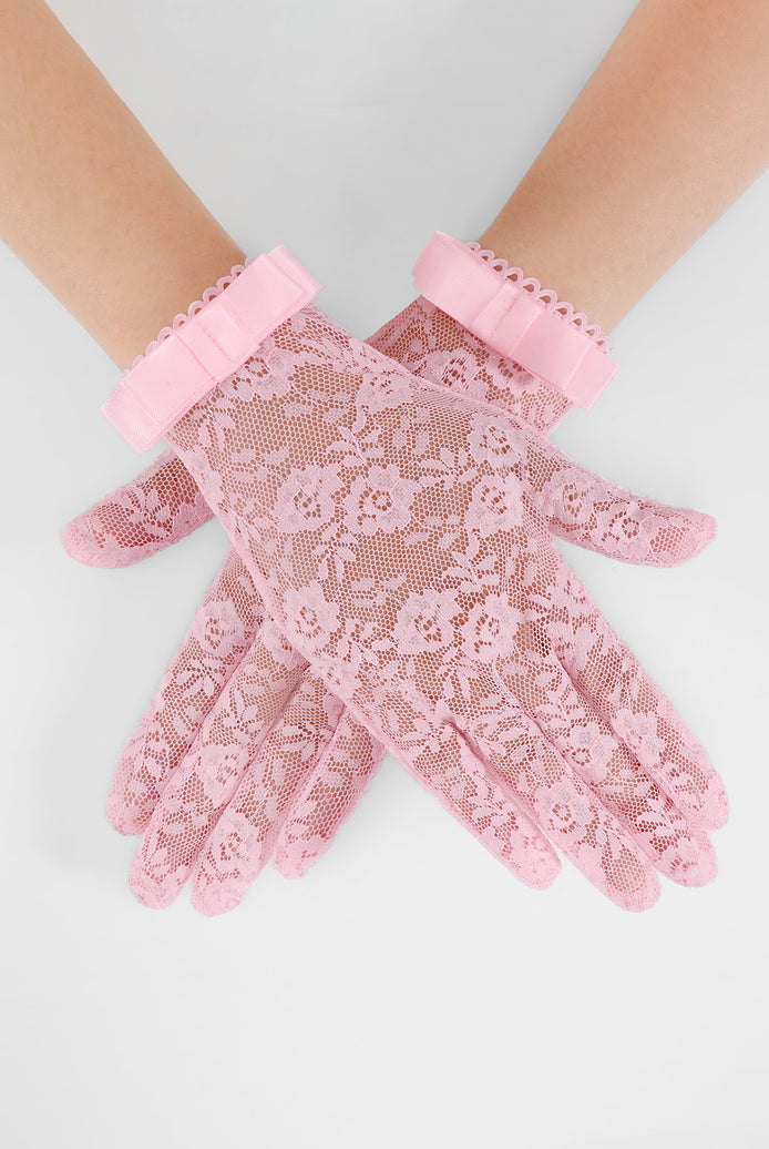 Pink floral lace full-finger gloves with short ribbon bow cuffs