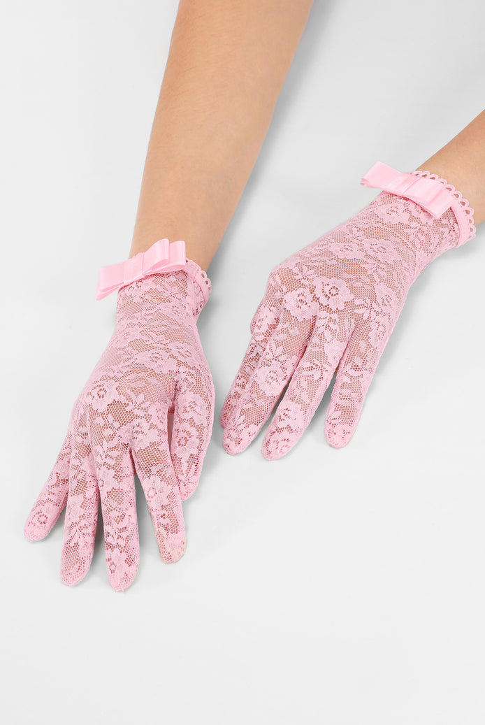 Light pink floral lace full-finger gloves with short ribbon bow cuffs