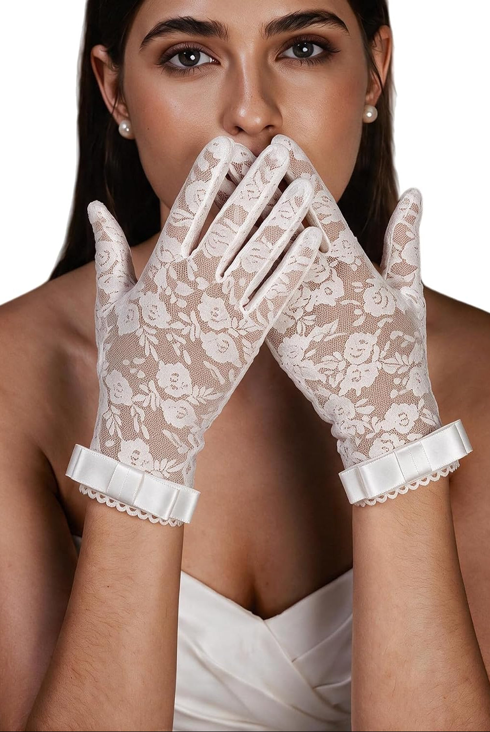 White lace short gloves with floral pattern and bow ribbon wrist cuffs