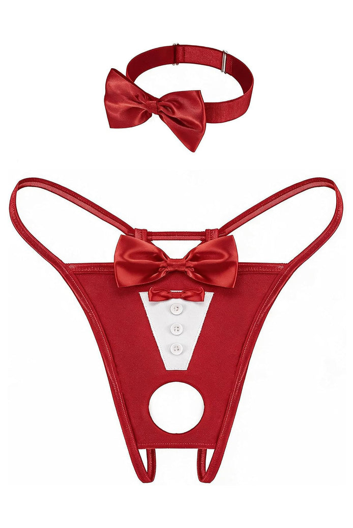 Red bowknot thong set with white panel, button row, round cutout, and matching choker