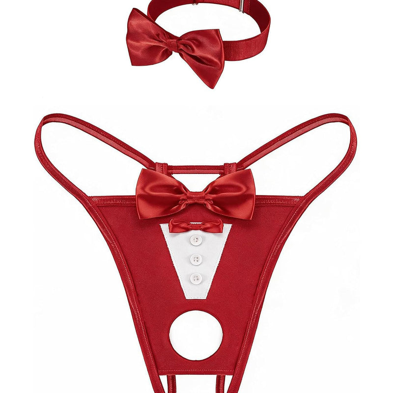 Red bowknot thong set with white panel, button row, round cutout, and matching choker