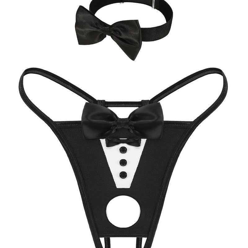 Black bowknot choker and matching black thong with white panel and round cutout