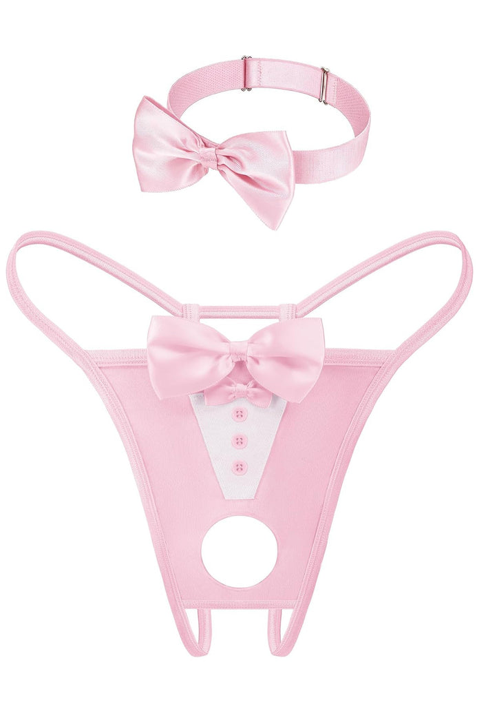 Pink bowknot thong with white panel, button details, round cutout, and matching choker