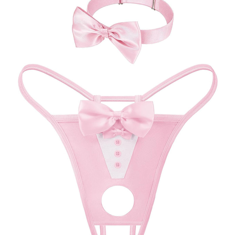 Pink bowknot thong with white panel, button details, round cutout, and matching choker
