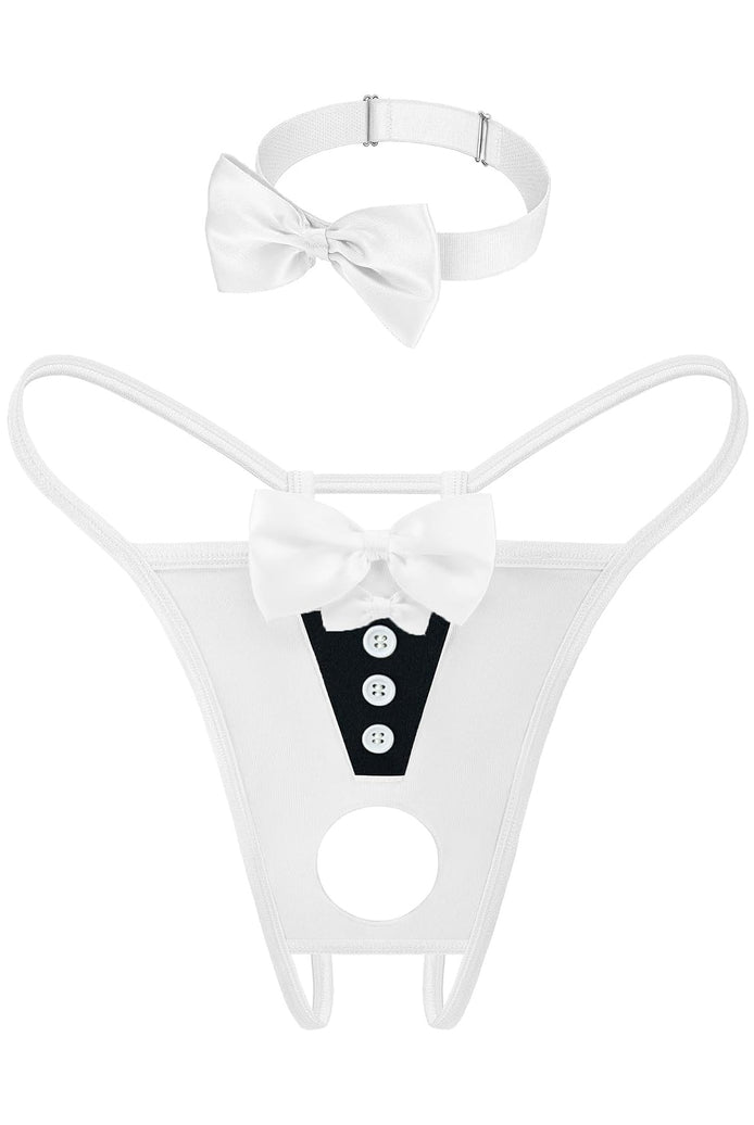 White satin bow choker and thong set with bowknot neck tie and center panel
