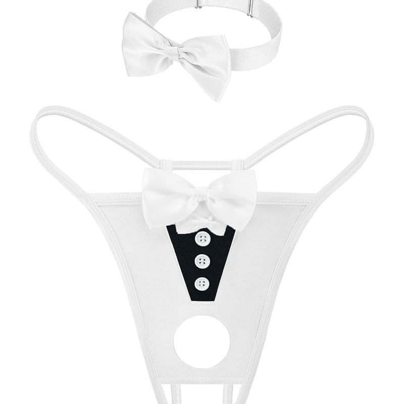 White satin bow choker and thong set with bowknot neck tie and center panel