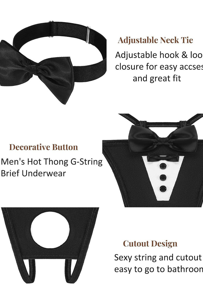 Black satin bowknot neck tie and thong with decorative buttons and circular cutout